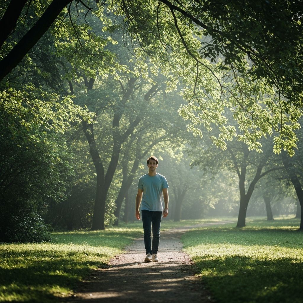 A person walking along a lush green park path in soft morning light, surrounded by trees
