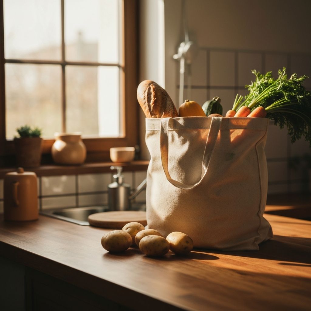 A reusable canvas shopping bag filled with fresh vegetables on a kitchen counter
