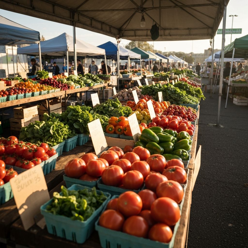 A vibrant open-air farmers market with fresh seasonal produce